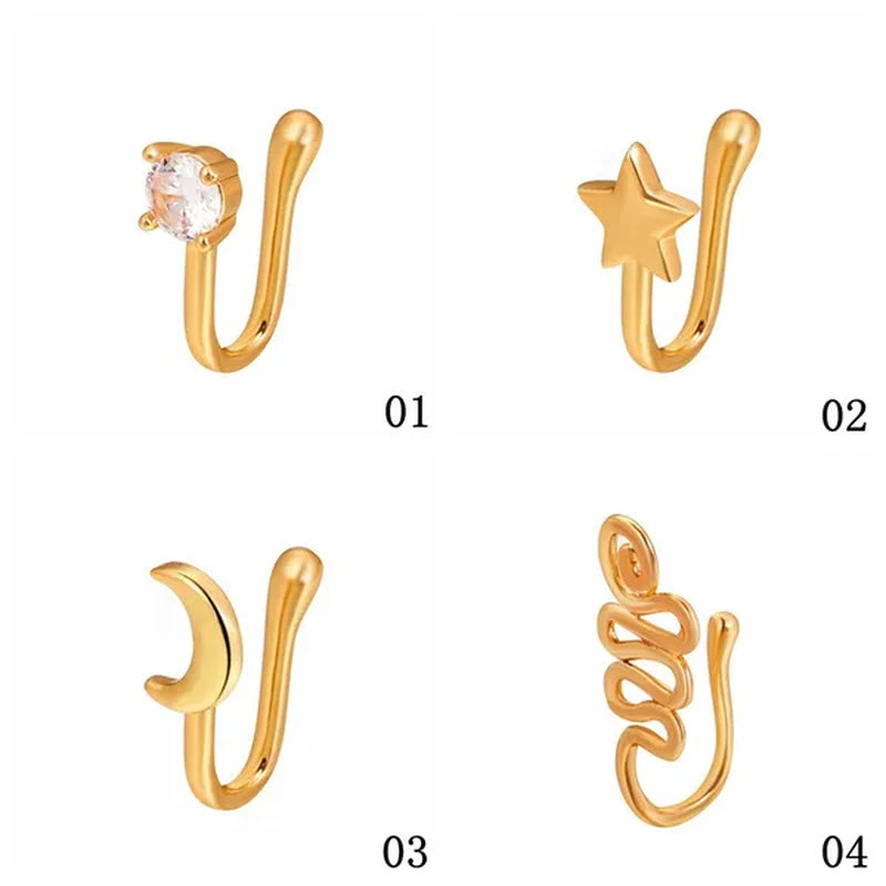 1 PC Crystal Diamond Zircon Star Heart Moon Fake Piercing Nose Ring Copper Spiral Non Piercing Clip on Nose Ring Ear Clips Cuff Fashion Body Jewelry - WORLD TIME VISITS