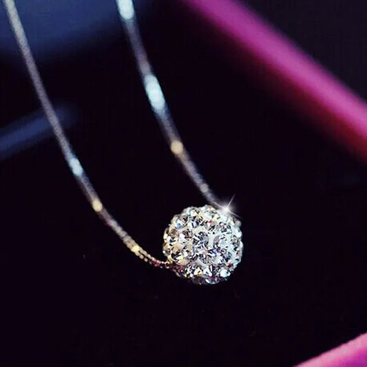 Women's Fashion 925 Sterling Silver Ball Pendant Crysta Diamond Choker Necklace Jewelry