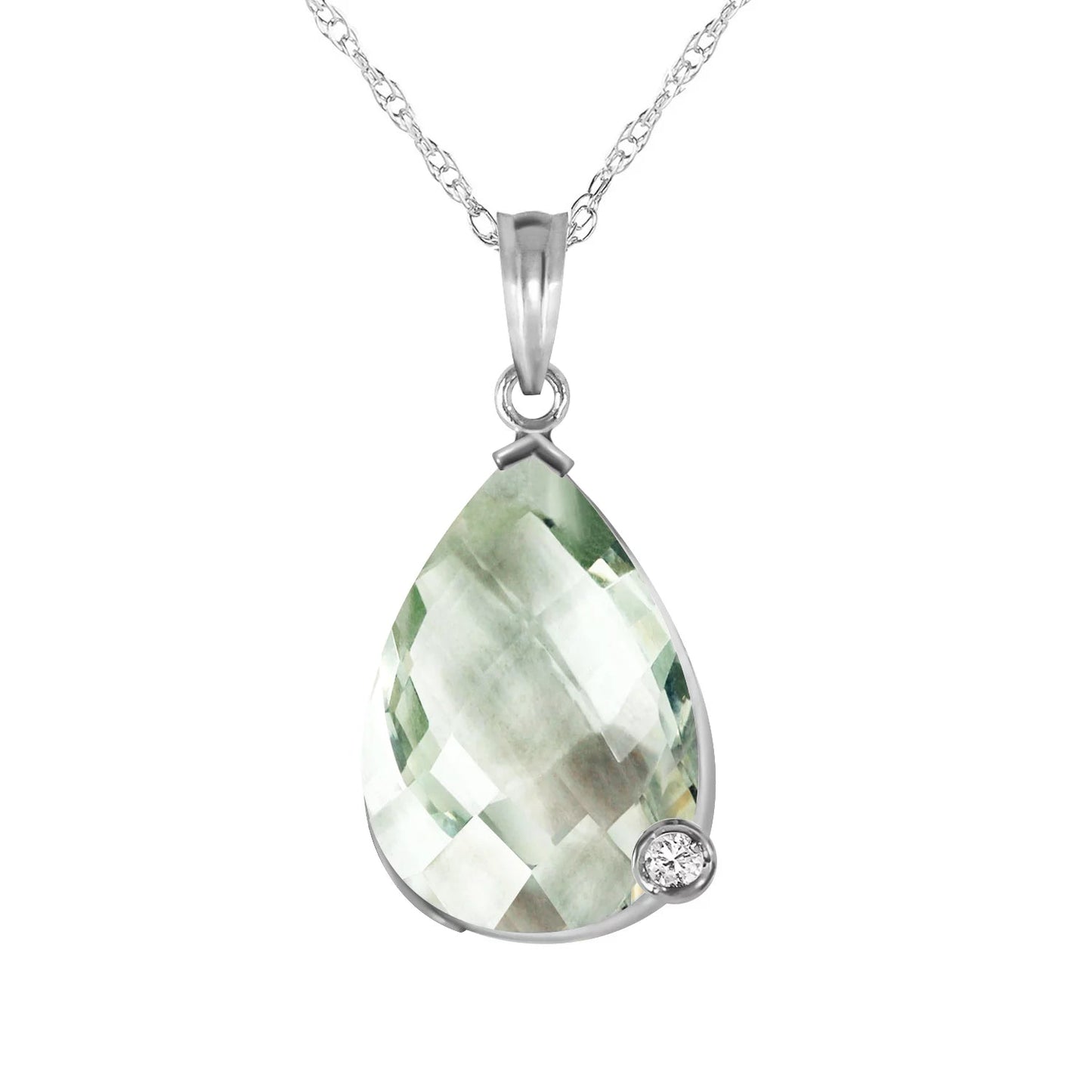 5.04 CT 14K 24" White Gold Necklace Natural Briolette Checkerboard Cut Green Amethyst and Diamond Pendant