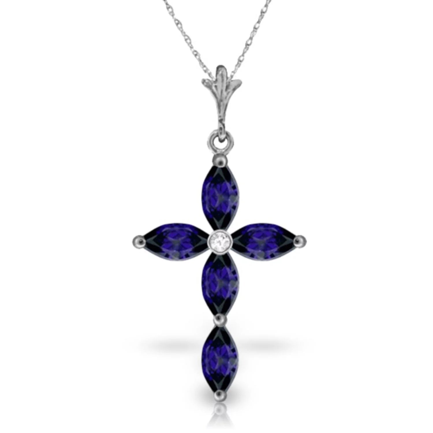 14K14" White Gold Genuine Diamond & Blue Sapphire Cross Pendant Necklace