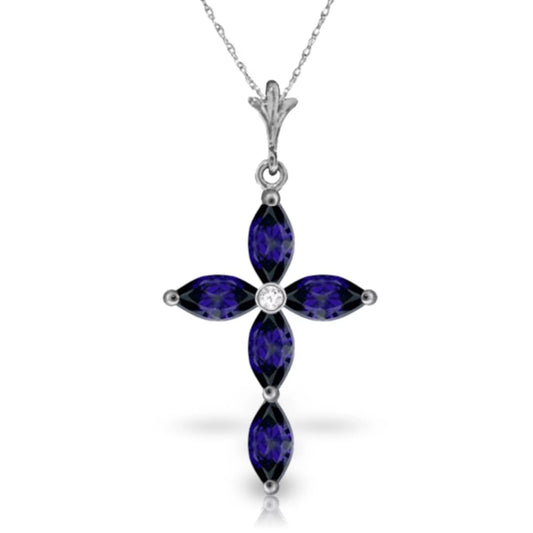 14K14" White Gold Genuine Diamond & Blue Sapphire Cross Pendant Necklace