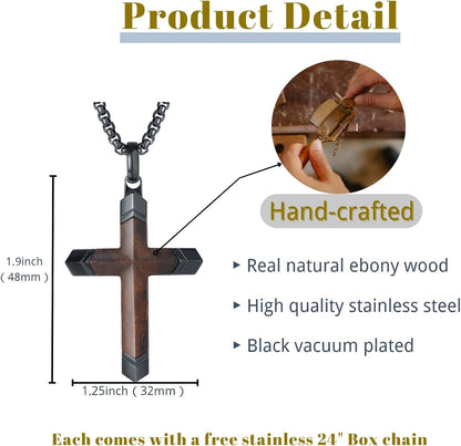 Wooden Cross Necklace for Men, Real Ebony Inset in Black Stainless Steel Christian Wood Crucifix Pendant, Includes Necklace 24" Box Chain