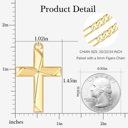 Cross Necklace 14K Gold Cross Necklace for Men Gold Crosses Chain for Men Irregular Cutting Lines with Figaro Chain Mens Crosses Pendant 20/22/24In