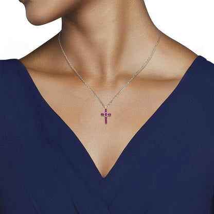 Rose Gold over Sterling Silver 5X3 MM Oval Cut Created Ruby and Natural White round Diamond Accent Cross Pendant Necklace, 18" Box Chain