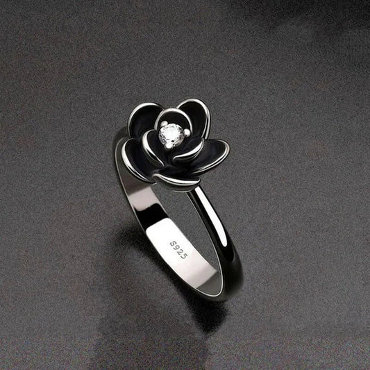 Simple Ladies Antique Silver Black Rose Flower Floral Ring for Women Female Wedding Engagement Party Jewelry Christmas Gift