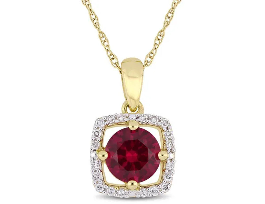 1.00 Carat (Ctw) Lab Created Ruby Solitaire Pendant Necklace in 10K Yellow Gold with Diamonds 1/10 (Ctw I2-I3) and Chai