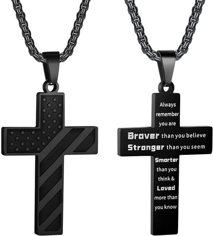 American Flag Cross Necklace for Men Stainless Steel Box Chain 22+2 Inch Inspirational Bible Verse Cross Pendant Patriotic Jewelry Personalized Christian Gift for Men