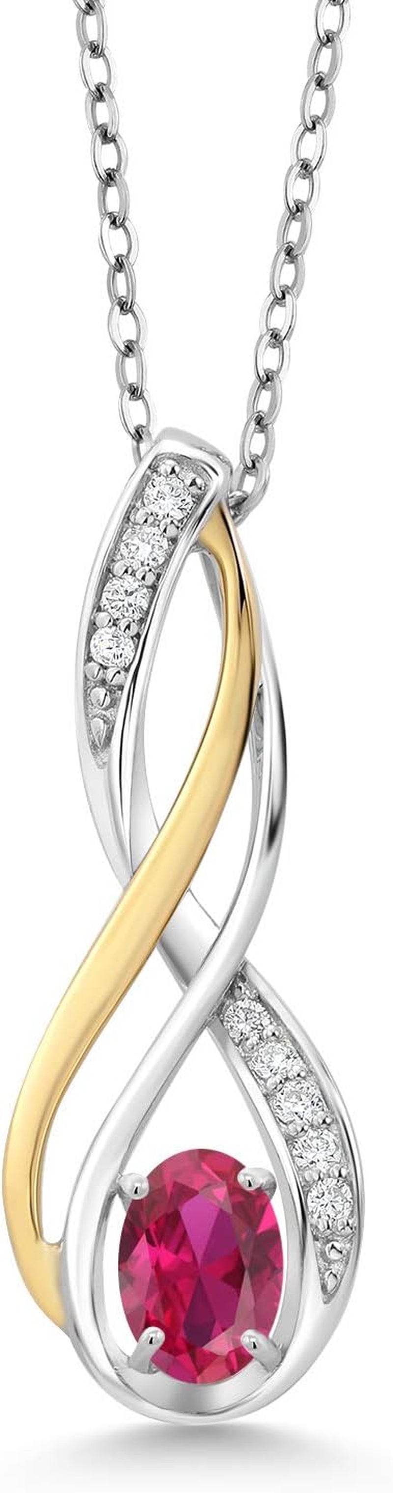 10K Yellow Gold and 925 Sterling Silver Red Created Ruby and White Lab Grown Diamond Pendant Necklace for Women (0.56 Cttw, Gemstone July Birthstone, Oval 6X4MM, with 18 Inch Silver Chain)