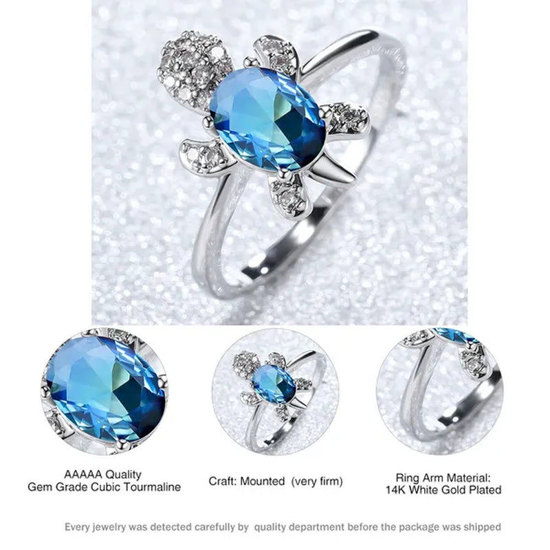 Rainbow Stone Turtle Rings Cute Animal Sea Turtle Ring White Sapphire Diamond Ring Ocean Style Turtle Aquamarine Crystals Rings for Women and Men Birthday Party Anniversary Gift Wedding Engagement Ring Jewelry 14 Colors Size 5-11
