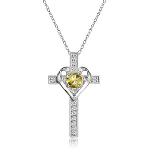 Sterling Silver Citrine and White Topaz Heart Cross Birthstone Pendant Necklace