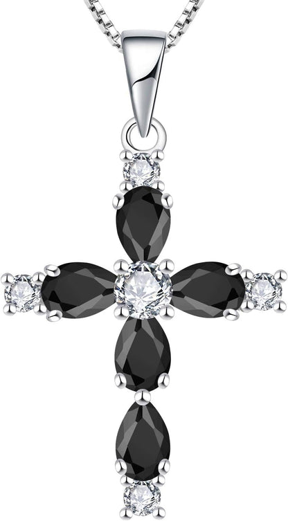 Gemstone Cross Necklace 925 Sterling Silver Birthstone Religious Pendant Jewelry for Women
