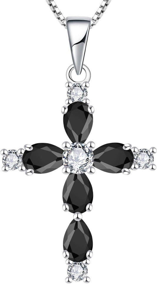 Gemstone Cross Necklace 925 Sterling Silver Birthstone Religious Pendant Jewelry for Women