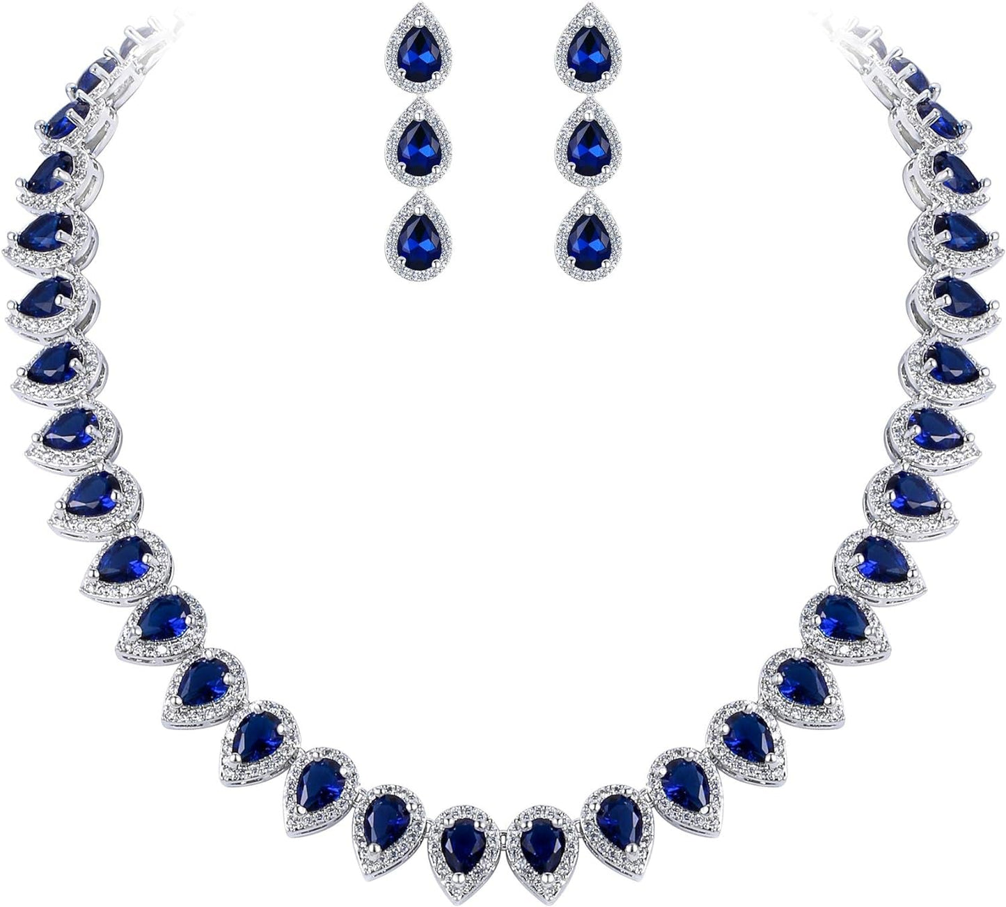 Women'S Silver-Tone Full Prong Cubic Zirconia Teardrop Bridal Necklace Earrings Set