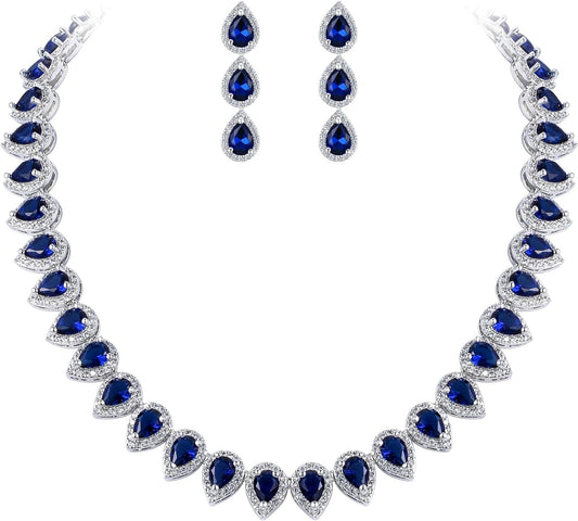 Women'S Silver-Tone Full Prong Cubic Zirconia Teardrop Bridal Necklace Earrings Set