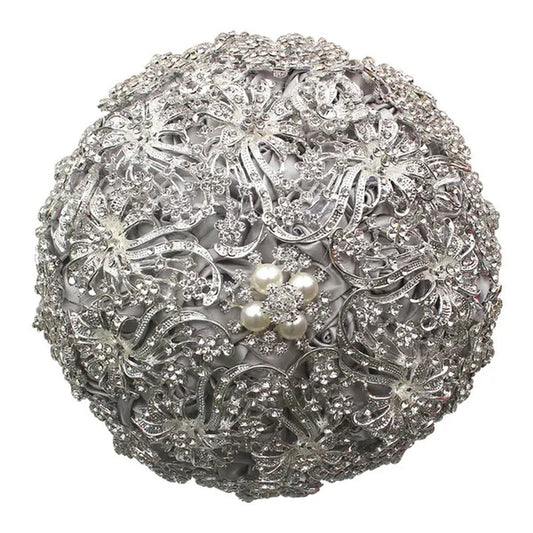 18CM Luxurious Shiny Full Diamonds Brooch Bouquet Silver Rhinestone Bridal Bouquet Ribbon Satin Rose Wedding Bride Holding Flowers