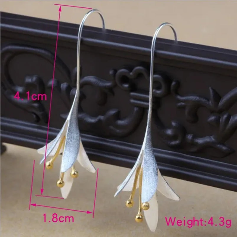2020 Elegant Women Vintage Orchid Shape Long Hook 925 Sterling Silver Earrings Socialite Eardrop Jewelry Gift