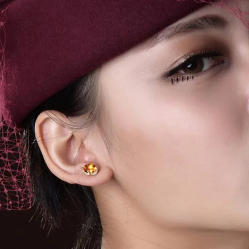 Simple 18K Golden Plated Copper Oval Citrine Jewelry Set Pendant Necklace Four Prong Adjustable Open Ring Micro Inlaid Cubic Zirconia Stud Earrings Flower Zircon Bracelet for Women Gifts Accessories