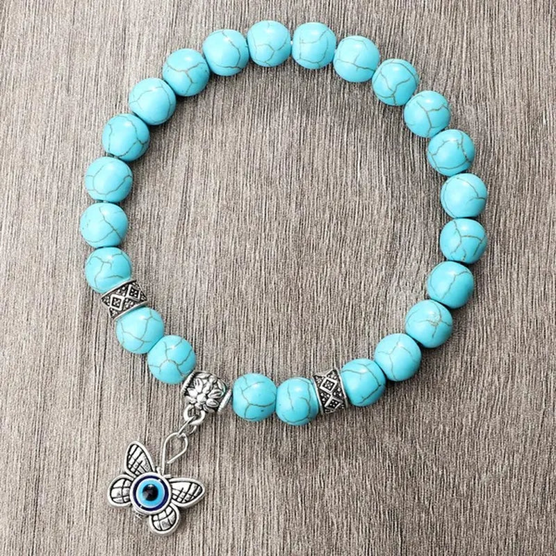 Turkey Evil Eye Beaded Bracelets Butterfly Buddhist Palm Hand Owl Turtle Alloy Pendant Bracelet Women Men Lucky Stretch Bangles Jewelry