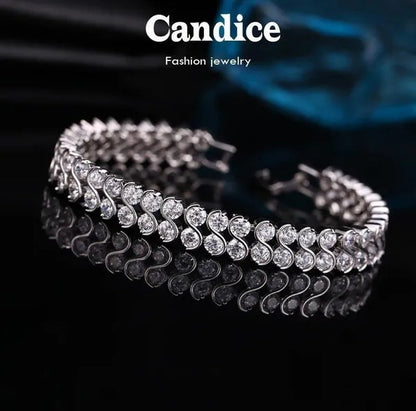 CANDICE Elegant 2 Row Cubic Zirconia Design Sterling Silver Plated Tennis Bracelet& Bangle for Women Gift