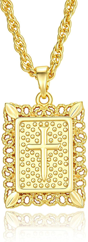 Cross Pendant Necklace for Women Men, 14K Gold/Silver Plated Square Faith Christian Figaro Chain Religious Jewelry Gift for Christian