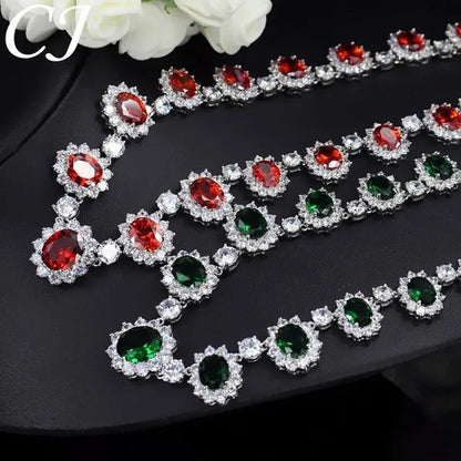 CANDICE Elegant Red Wedding Jewelry Set Micro CZ Stone Paved Oval Crystal Drop Earrings Bracelet and Necklace Sets for Bride