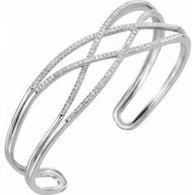 14K White Gold 3/4 Ct Diamond Criss-Cross Cuff 7" Bracelet