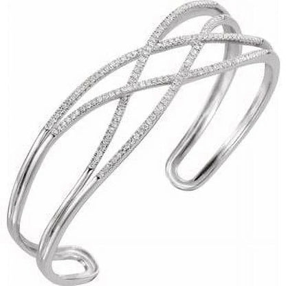 14K White Gold 3/4 Ct Diamond Criss-Cross Cuff 7" Bracelet