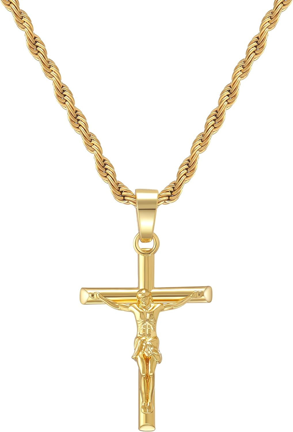 Crucifix Cross Necklace 18K Gold Plated Cross Pendant with 3Mm 22" Rope Chain for Men Women