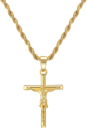 Crucifix Cross Necklace 18K Gold Plated Cross Pendant with 3Mm 22" Rope Chain for Men Women