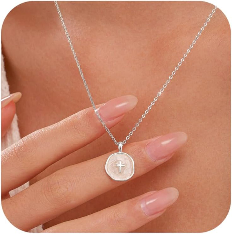 Dainty Cross Necklace for Women 925 Sterling Silver Christian Faith Necklaces 14K Gold Plated Circle Crucifix Pendant Necklace Religious Jewelry Baptism Easter Christian Gifts