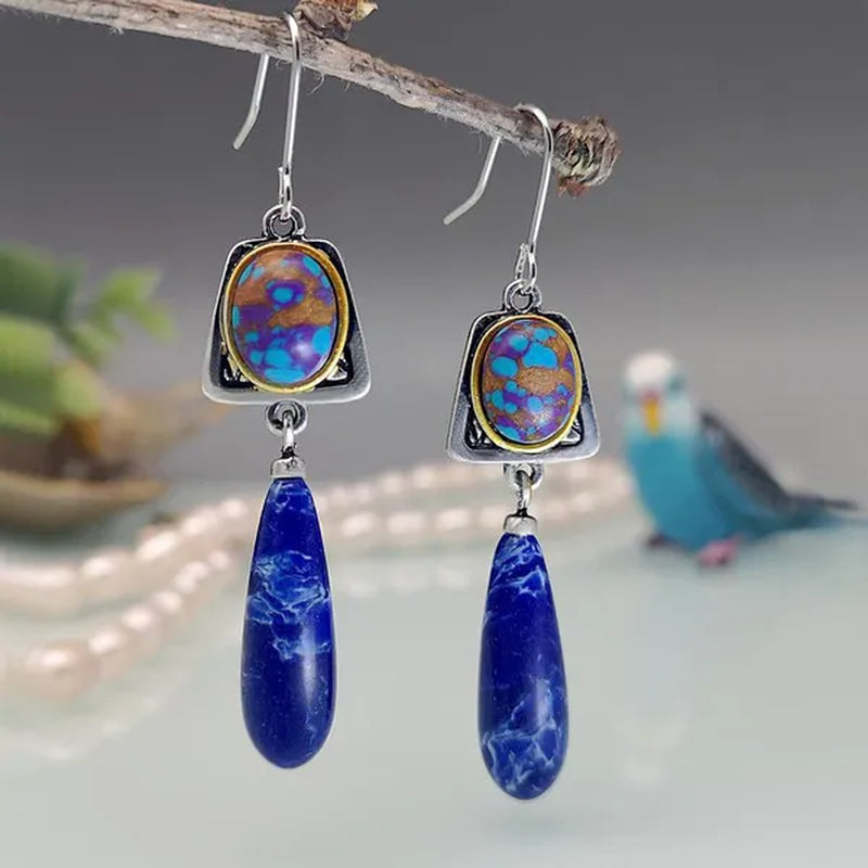Exquisite Retro Bohemian Earrings Silver Plated Blue Stone Dangle Hook Earrings Bridal Wedding and Engagement Anniversary Gift Jewelry Earrings for Women - WORLD TIME VISITS