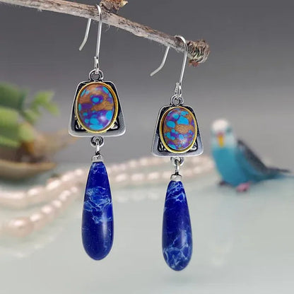 Exquisite Retro Bohemian Earrings Silver Plated Blue Stone Dangle Hook Earrings Bridal Wedding and Engagement Anniversary Gift Jewelry Earrings for Women - WORLD TIME VISITS