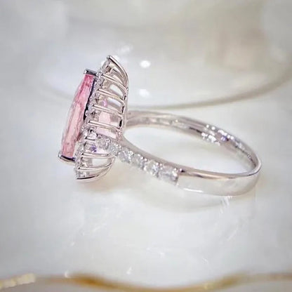 Luxurious High-quality Flower Shaped Silver Inlaid Dazzling Pink Zircon Women's Ring, Fashionable New Romantic Wedding Jewelry Accessories Christmas Gift, Anniversary Ring Valentine's Day Gift for Her