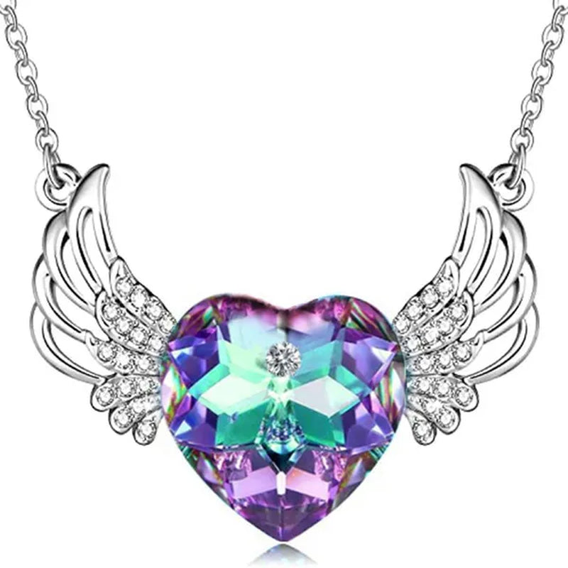 Luxury Fashion Women's Diamond Wings Heart Crystal Necklace Angel Wings Diamond Pendant Wedding Necklace Women's Princess Jewelry Birthday  Anniversary Gift