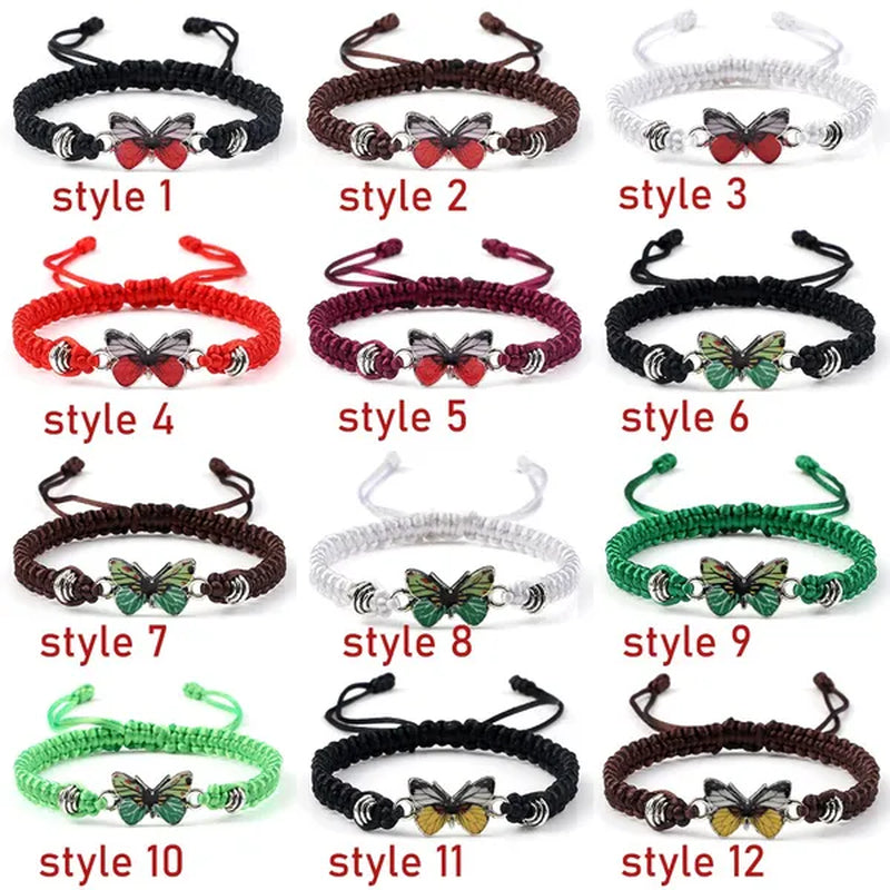 Women Black Woven Rope Bracelet Handmade Multicolor Butterfly Charm Adjustable Bracelets Fashion Friendship Jewelry Girls Gift