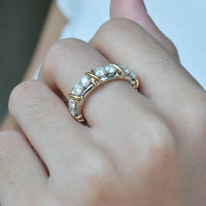 Brand Jewelry Lady's 925 Sterling Silver Tanzanite Couple rings Yellow Gold Cross Eternal Band Wedding Ring for Women size 5-12