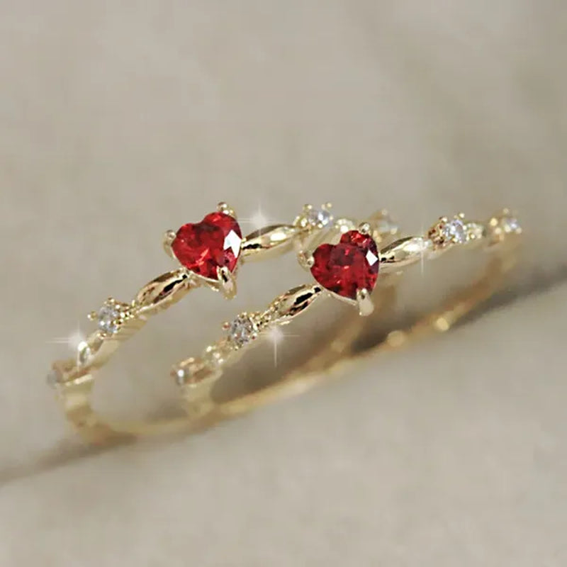 Exquisite Thin Rings Gold Heart Ruby Rings for Women Bridal Romantic Proposal Engagement Ring Jewelry