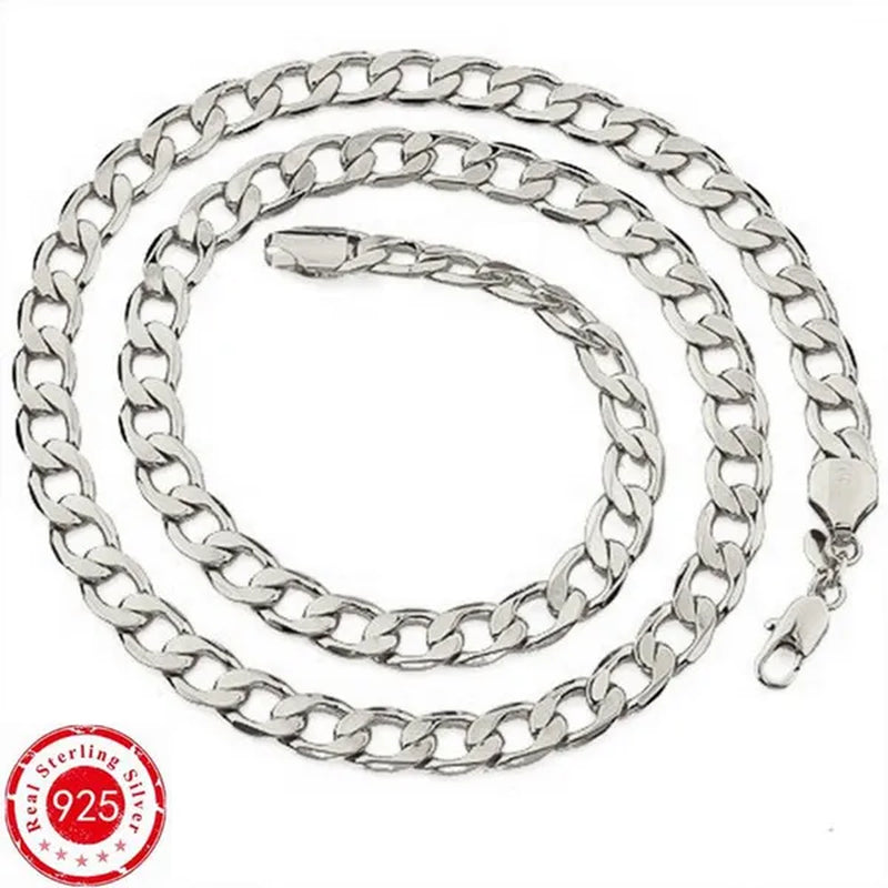 2PCS (Bracelet + Necklace) 925 Sterling Silver Smooth Flat Sideways Chain Necklace Fashion Luxury Exaggerated 16"-30" Fashion Exquisite Jewelry Sets for Women and Men