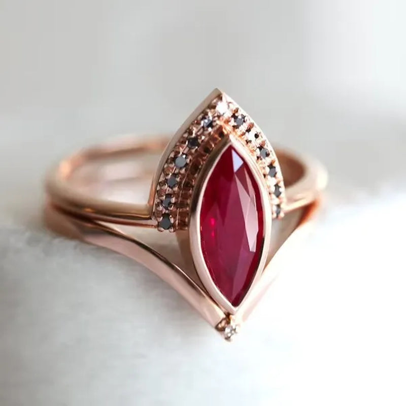 1PC Rose Gold Natural Rhombus 2 In 1 Ruby Engagement Ring Marquise Bridal Wedding Ring with Black Diamonds Women Ruby Ring Diamond Fine Jewelry