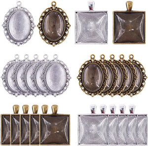 48-Pieces Oval and Square Pendant Trays with Glass Cabochon Dome Tiles Clear Cameo for Crafting DIY Jewelry Making, 24 Sets