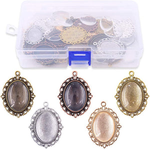 70Pcs Oval Pendant Set, 35Pcs 5 Colors Pendant Trays and 35 Pieces Bright Glass Cabochon Dome Tiles for Bracelet Necklace Crafting DIY Jewelry Gift Making
