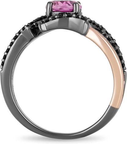 Enchanted Disney Fine Jewelry 14K Rose Gold over Sterling Silver with Black Rhodium Oval Created Pink Sapphire and 1/4 Cttw Treated Black round Diamond Maleficent Ring