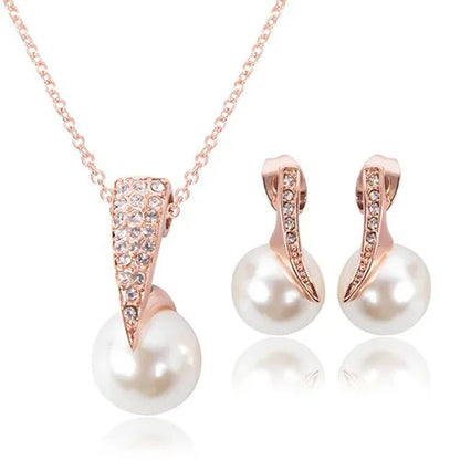 Crystal Wedding Jewelry Set Bride Rose Gold Crystal Faux Pearl Pendant Necklace Earrings