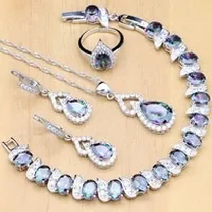 925 Silver Jewelry Sets Blue Sapphire White Topaz Open Rings Earrings Pendant Necklace Bracelet for Bridal Women