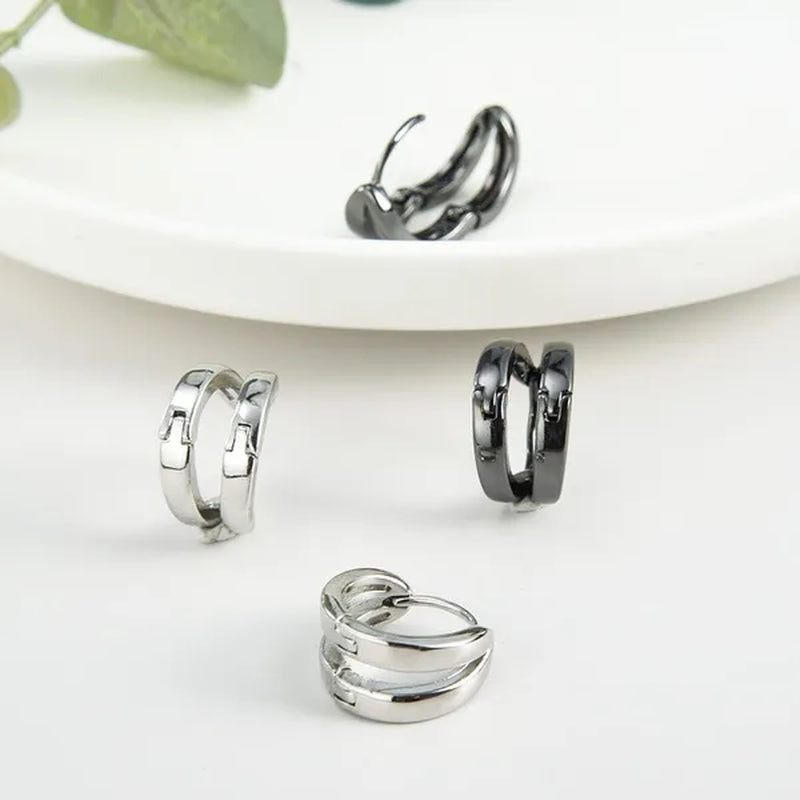 1Pair Stainless Steel Hoop Earrings Punk Multilayer round Double Hip Hop Pierced Stud Earrings
