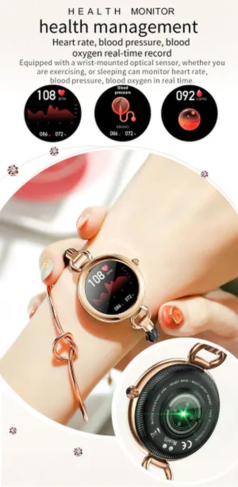Women Lovely Diamond Bracelet Smart Watch Full Touch Screen Sports Fitness Tracker IP67 Waterproof Women's Smartwatch for Android IOS