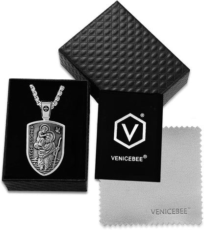 ® Saint Christopher Protect Us Medal St. Christopher Protection Shield Christian Amulet Unique Solid 925 Sterling Silver Pendant Necklace + Velvet Pouch, Polishing Cloth, Gift Box