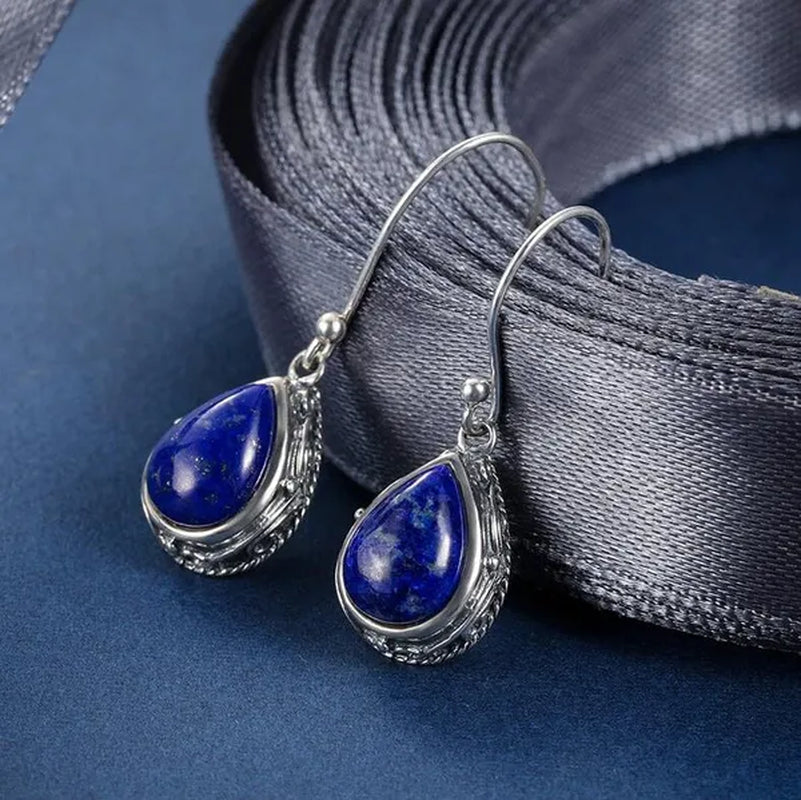 925 Sterling Silver Jewelry Water Drop Earrings for Women Natural Lapis Lazuli Earrings