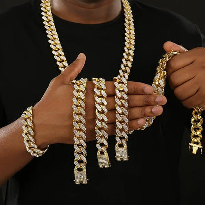 13MM Men's Hip Hop Necklace or Bracelet,Iced Out Bling Rhinestones Miami Cuban Link Chain Necklace Bracelet Set Jewelry Gifts