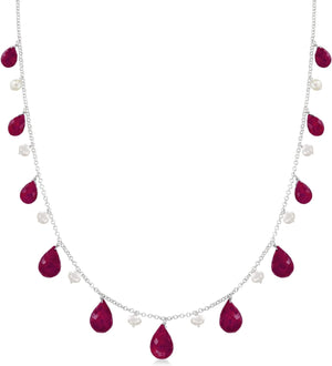 Gemstone and 4-5Mm Cultured Pearl Drop Necklace in Sterling Silver